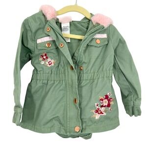Little Lass Girls Green Embroidered Flower Faux Fur Hooded Jacket Size 3T‎